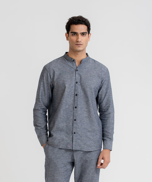 Men's Linen Band Collar Shirt